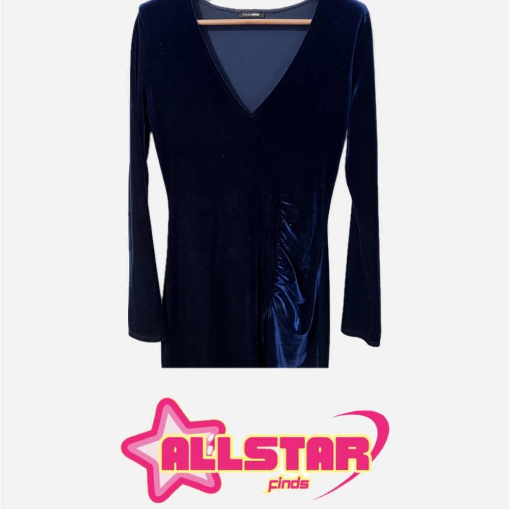 Navy blue velvet long sleeve dress with V neckline and slit
